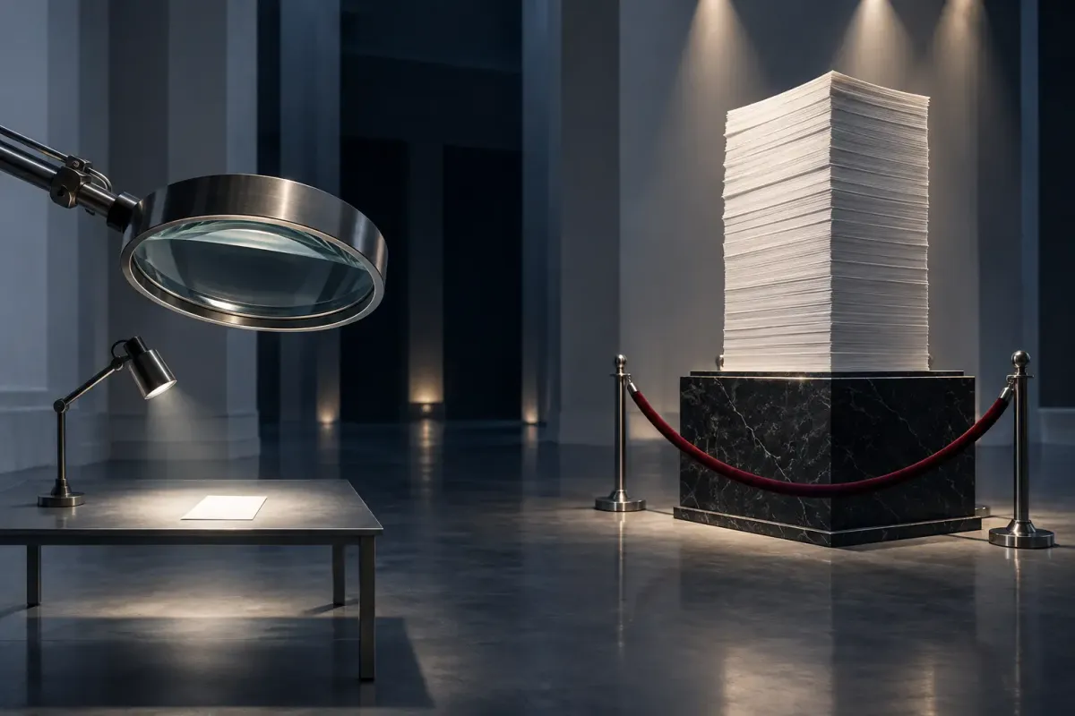 A small payroll slip is examined under a magnifying glass while a monumental stack of invoices receives museum lighting and a velvet rope.