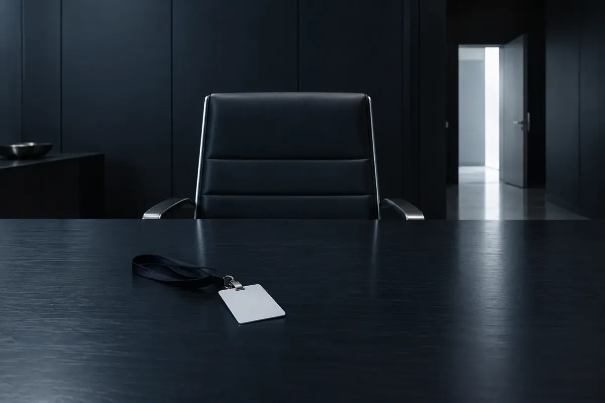 An unmarked access badge rests on a dark conference table before an empty chair and a cold open doorway.